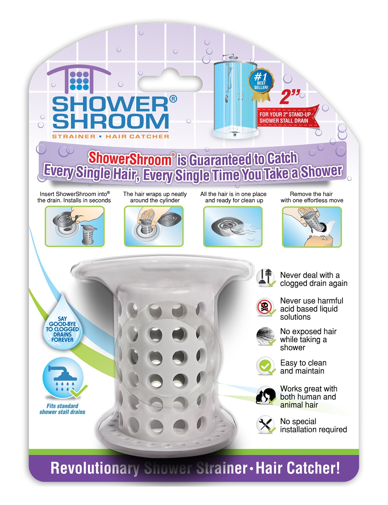 ShowerShroom (Gray) The 2" Hair Catcher That Prevents Clogged Shower Drains Drain Protector Juka Innovations Corporation