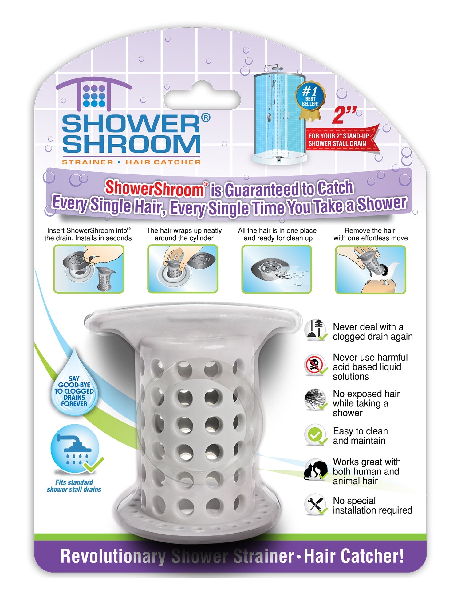 ShowerShroom (Gray) The 2" Hair Catcher That Prevents Clogged Shower Drains Drain Protector Juka Innovations Corporation 