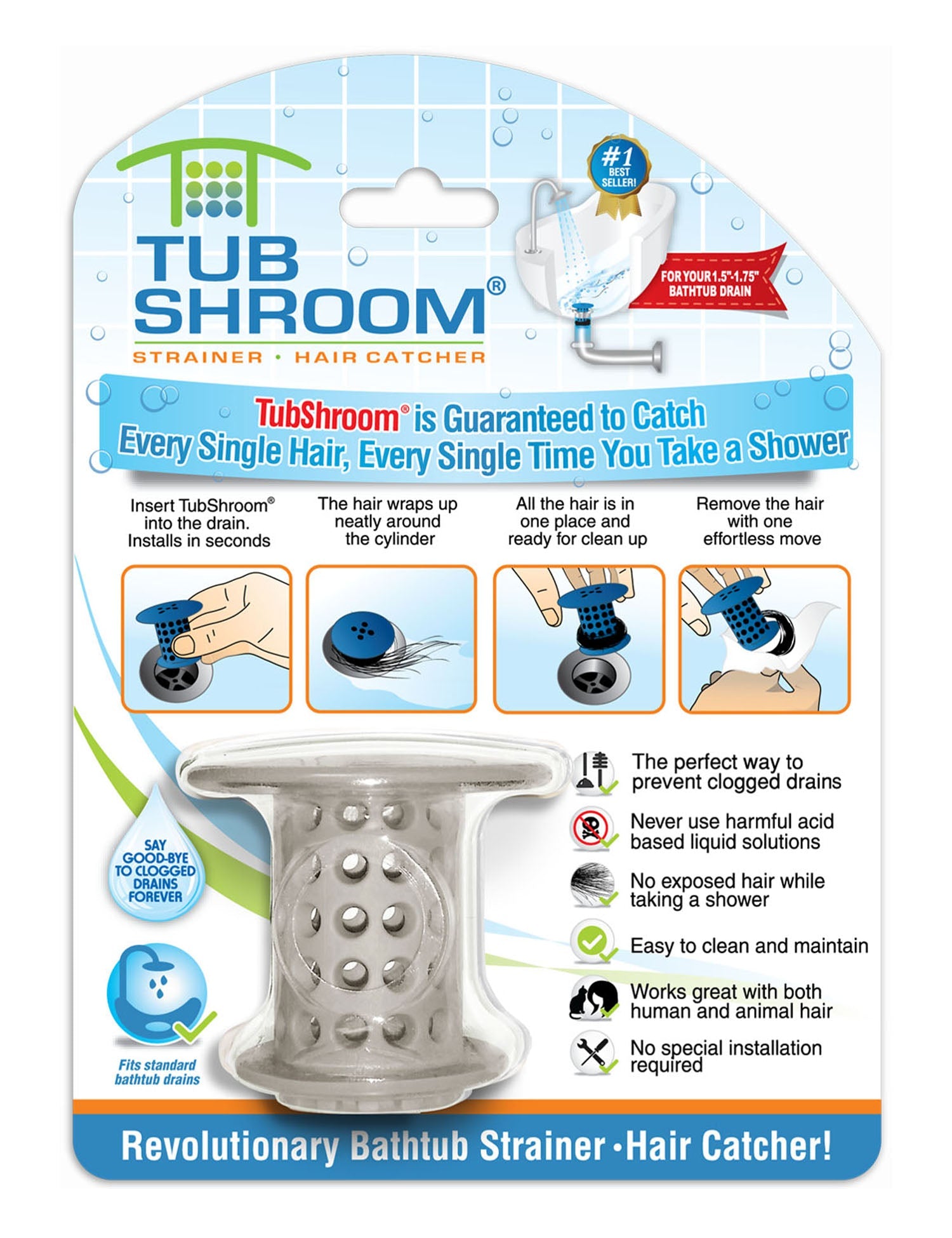 TubShroom (Gray) The Hair Catcher That Prevents Clogged Tub Drains Drain Protector Juka Innovations Corporation