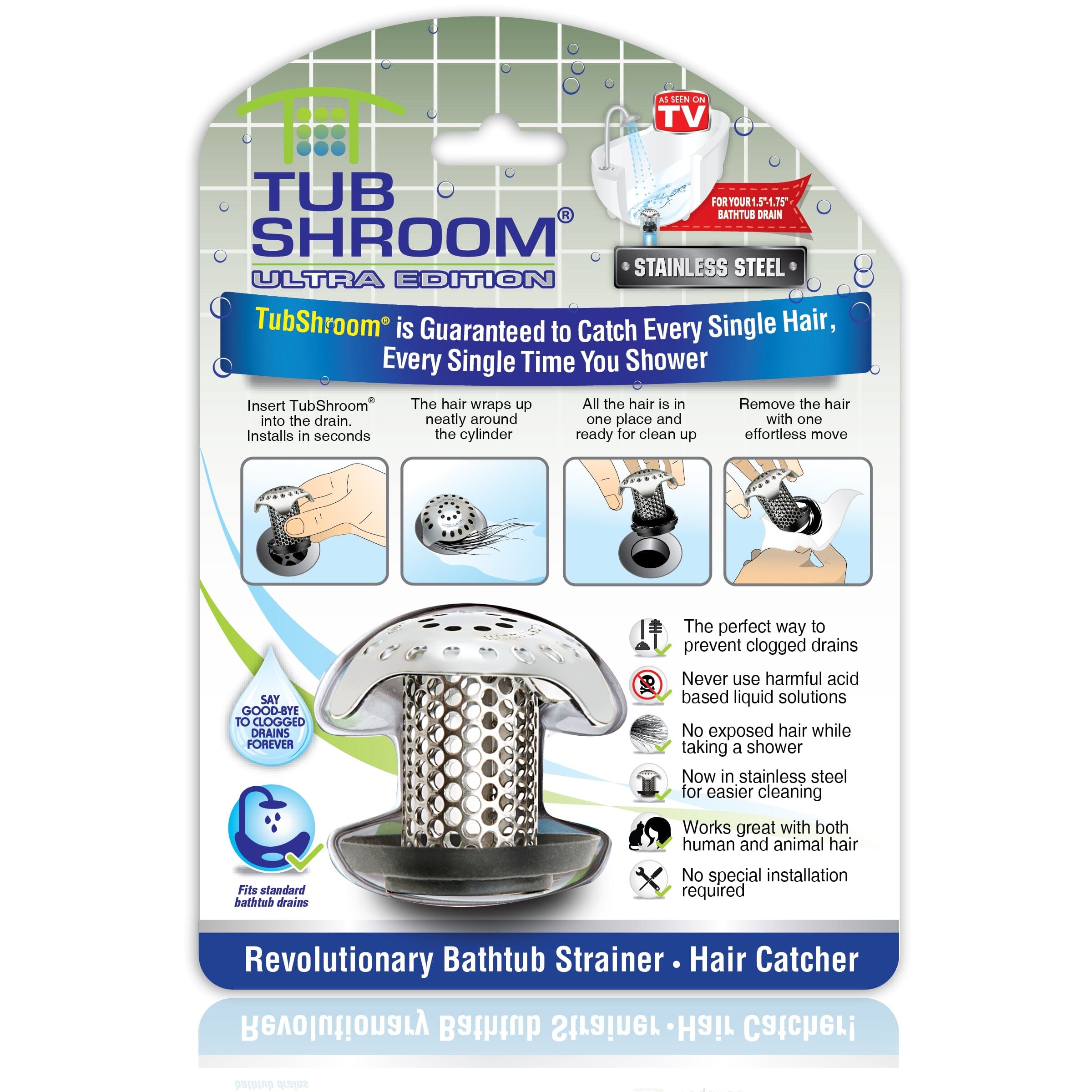 TubShroom Ultra (Stainless) Hair Catcher to Prevent Clogged Tub Drains Drain Protector Juka Innovations Corporation 