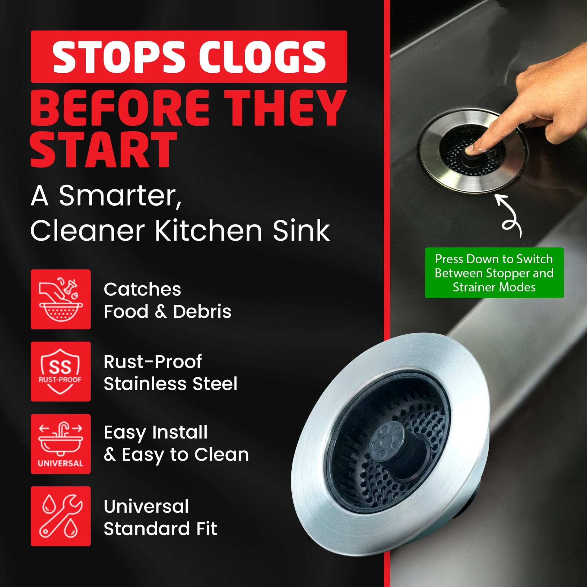 SinkShroom Kitchen Sink Drain Strainer, 2-in-1 Pop-Up Sink Stopper & Strainer with Removable Anti-Clog Basket, 304 Stainless Steel, Fits 3"-3.4" US Standard Drains Drain Protector Juka Innovations Corporation 