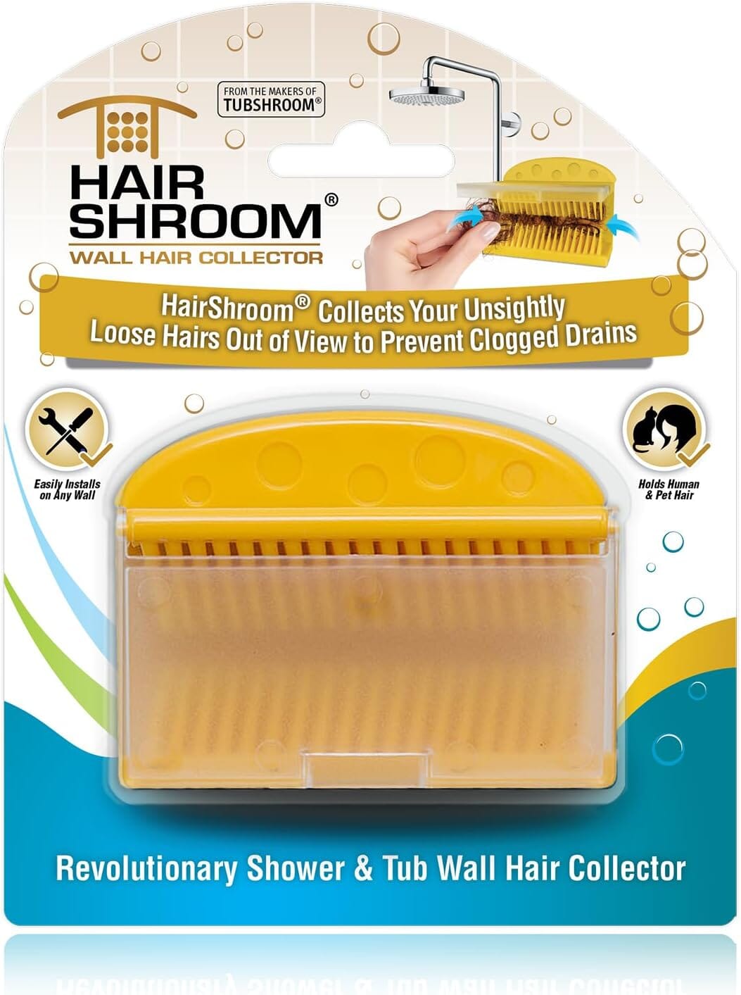 HairShroom Reusable Shower & Bathtub Wall Hair Catcher Hair Grabber Snare TubShroom.com Gold 