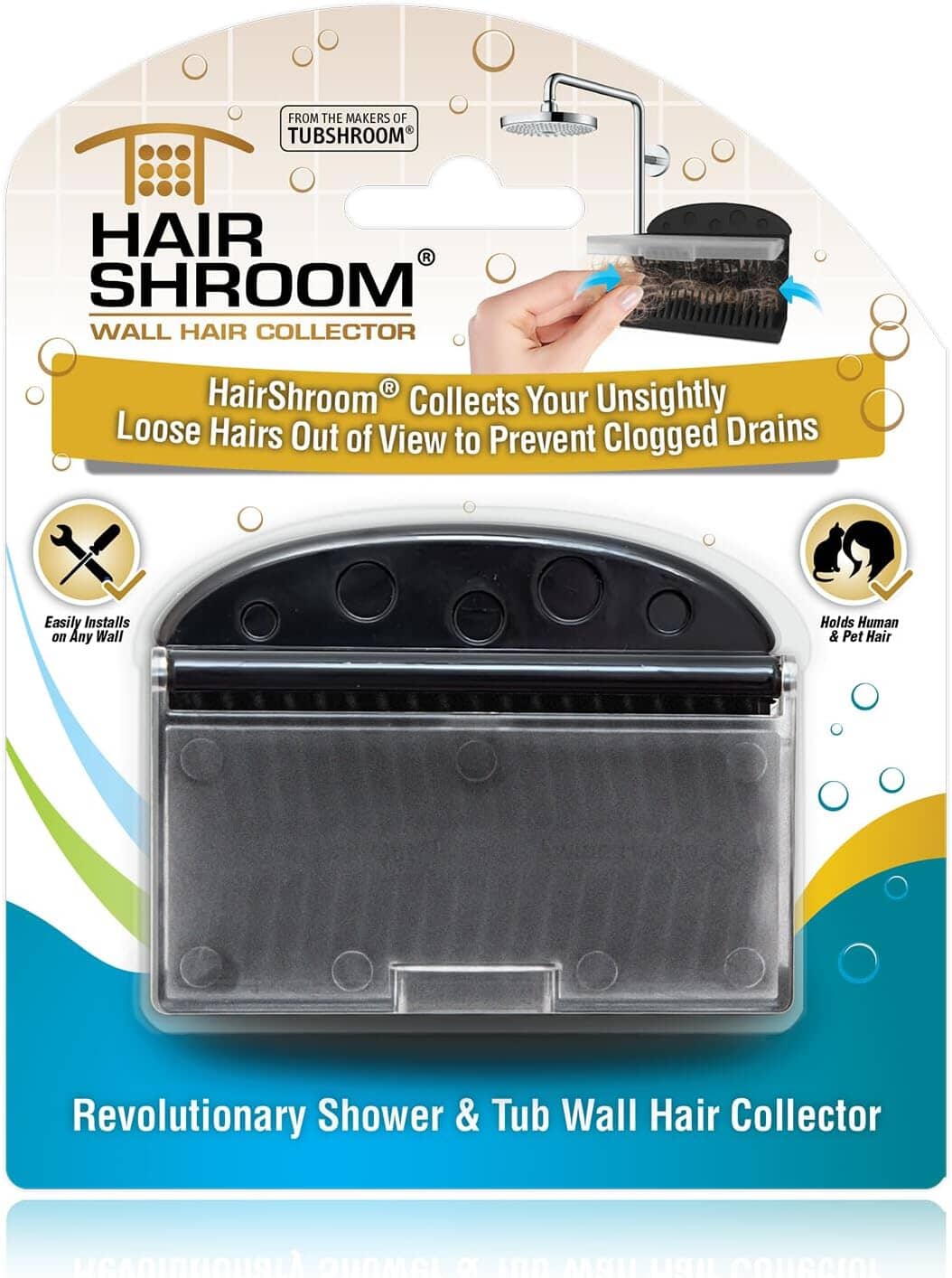 HairShroom Reusable Shower & Bathtub Wall Hair Catcher Hair Grabber Snare TubShroom.com Black 