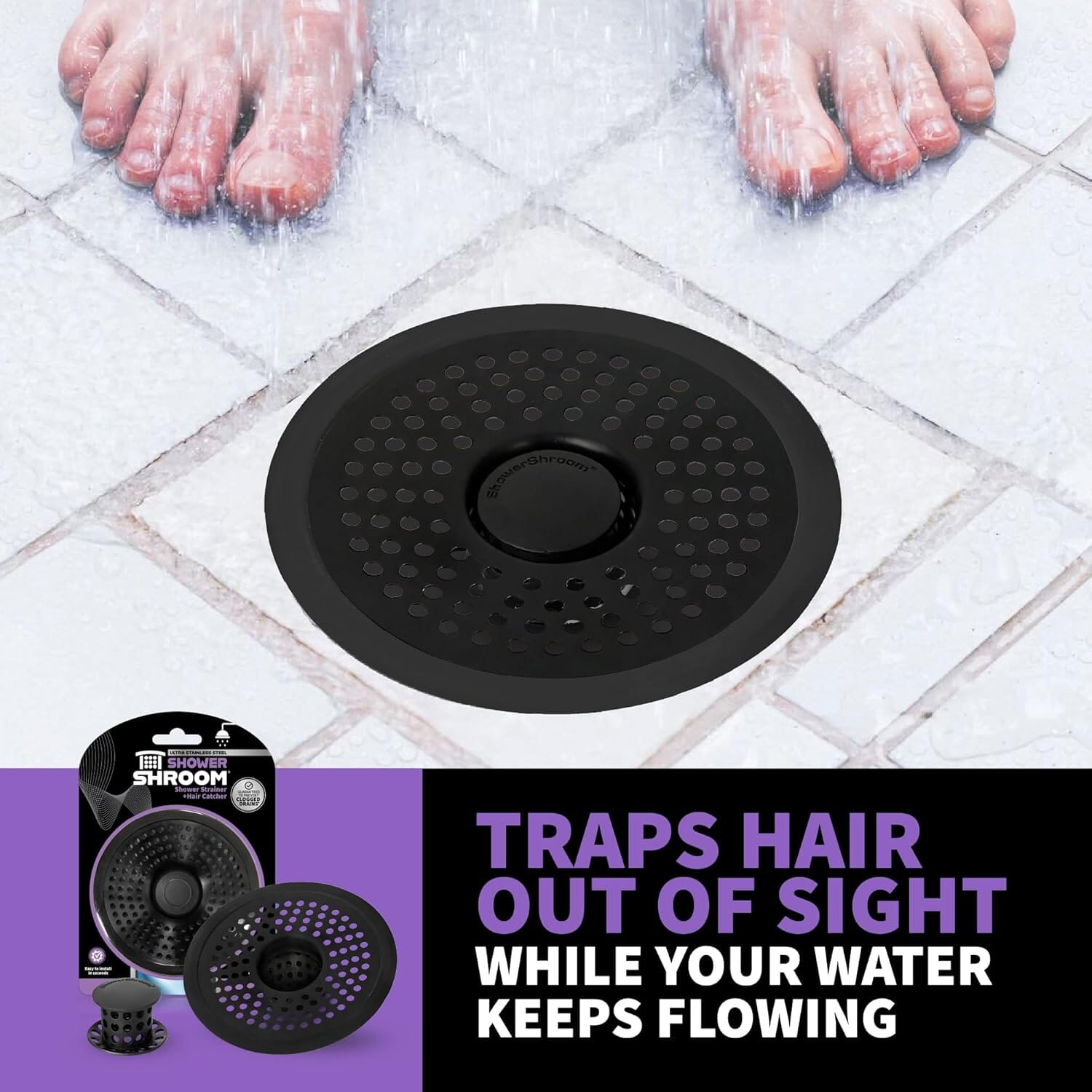 ShowerShroom Ultra Matte Black Hair Catcher, Stainless Steel Drain Protector, Fits All Shower Drains Drain Protector Juka Innovations Corporation 