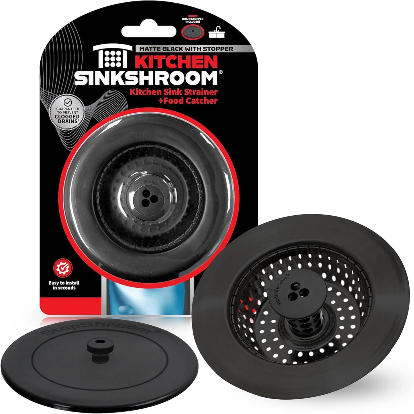 Kitchen SinkShroom Clog-Free Kitchen Sink Drain Strainer with Stopper - Sink Protector for Kitchen Sink, Stainless Steel, Matte Black Drain Protector Juka Innovations Corporation 