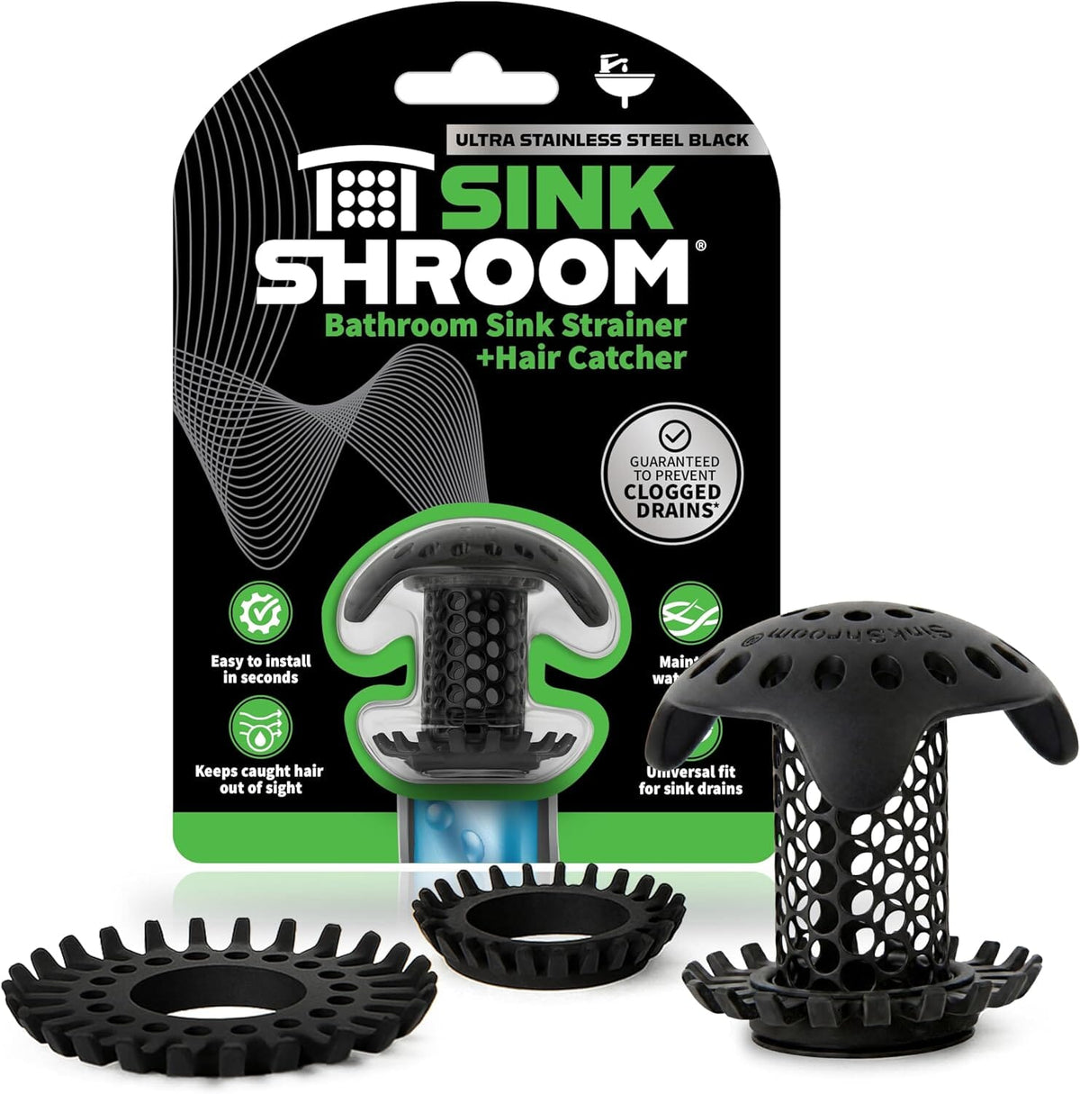 SinkShroom Ultra Bathroom Sink Drain Protector, Stainless Steel, Matte Black, Hair Catcher with Multiple Drain Adapters Drain Protector Juka Innovations Corporation 