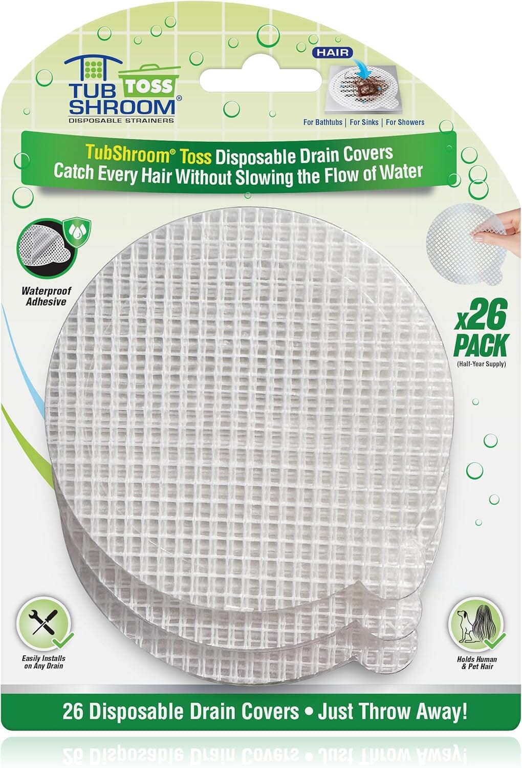TubShroom Toss 26pk Disposable Drain Covers - Hair Catcher Mesh Sticker Strainers for Shower Bathtub and Bathroom Sink Drains Drain Protector TubShroom.com 