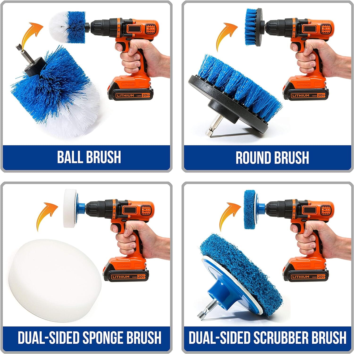 RevoClean 4 Piece Scrub Brush Power Drill Attachments-All Purpose Time Saving Kit-Perfect for Cleaning Grout, Tile, Counter, Shower, Grill, Floor, Kitchen, Blue & White Plunger TubShroom.com 