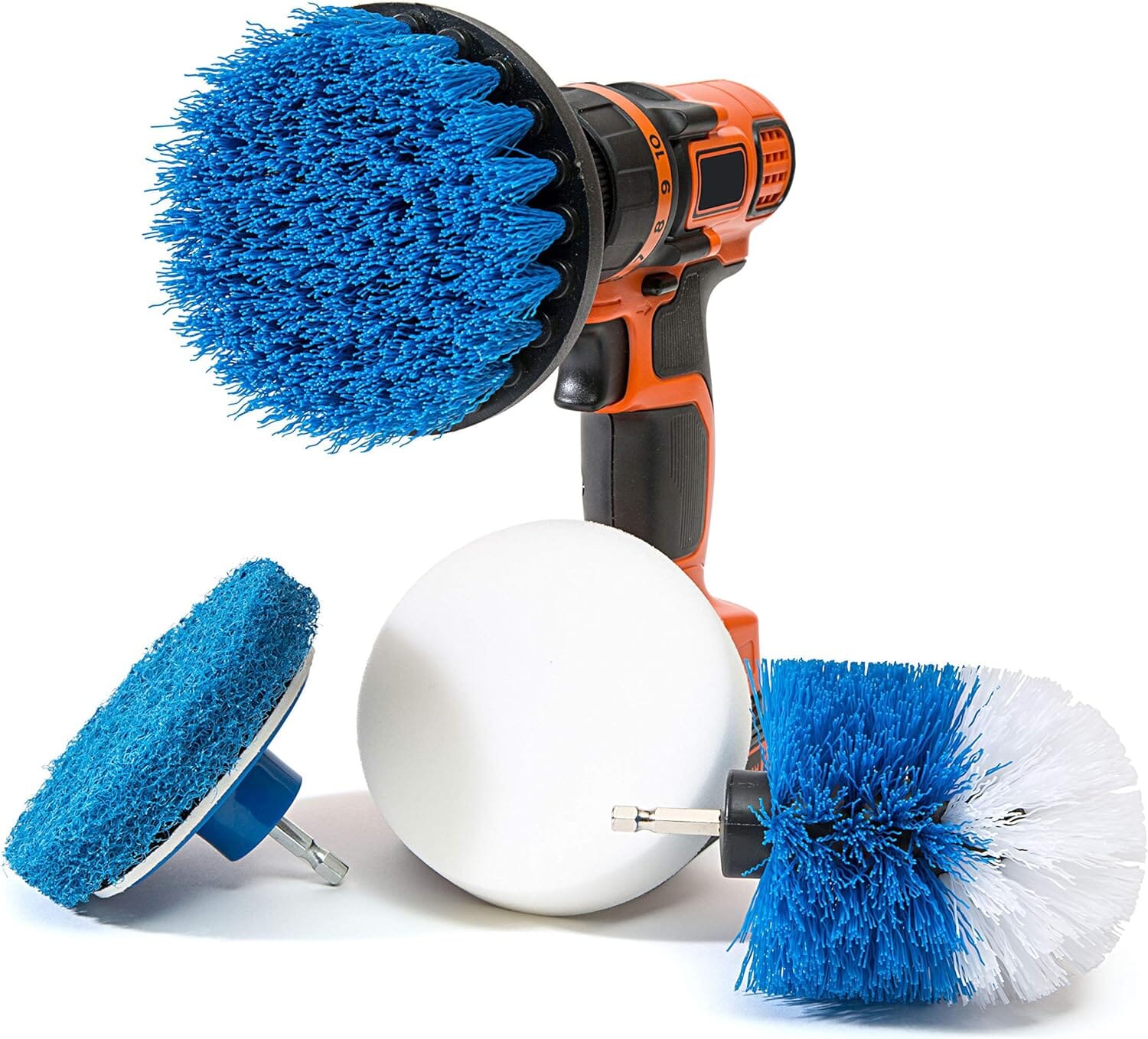 RevoClean 4 Piece Scrub Brush Power Drill Attachments-All Purpose Time Saving Kit-Perfect for Cleaning Grout, Tile, Counter, Shower, Grill, Floor, Kitchen, Blue & White Plunger TubShroom.com 