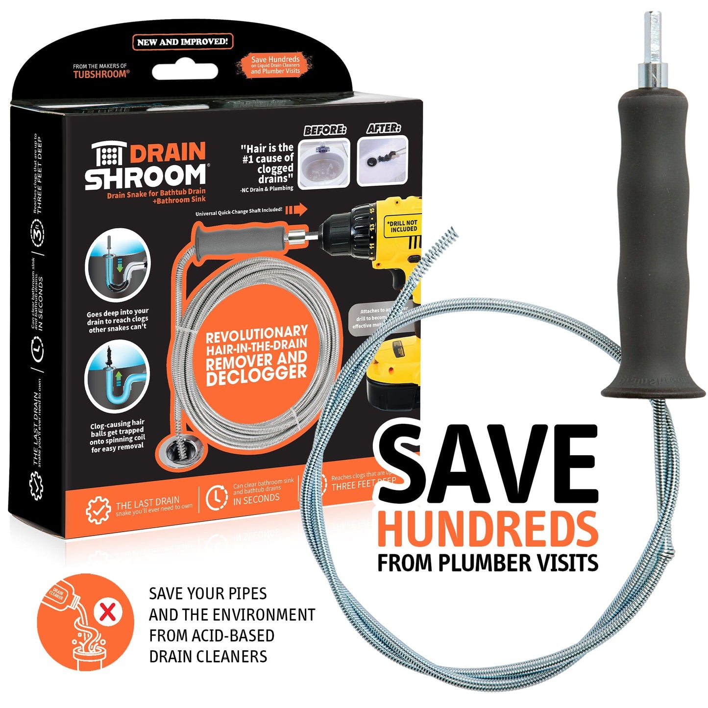 DrainShroom Tub and Sink Snake Auger Clog Remover for Drains, 36 Inch, Stainless Plunger Juka Innovations Corporation 