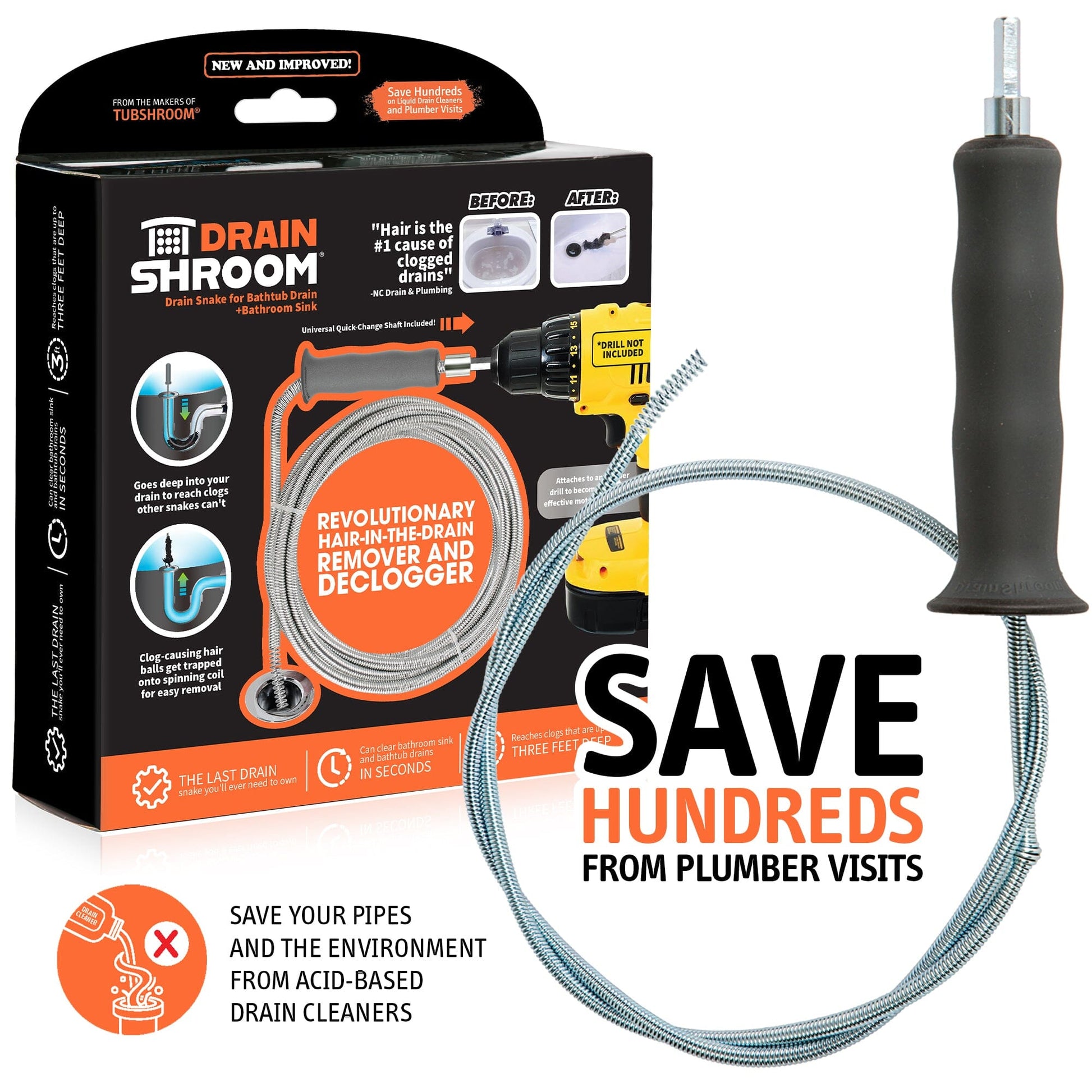 DrainShroom Tub and Sink Snake Auger Clog Remover for Drains, 36 Inch, Stainless Plunger Juka Innovations Corporation 