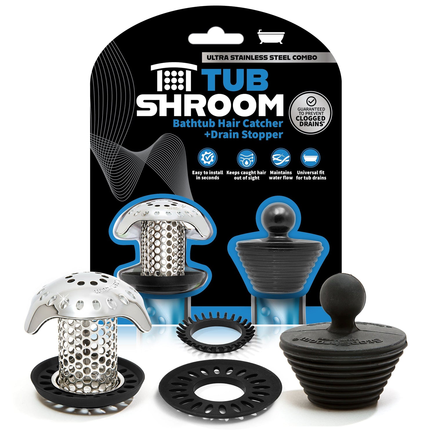 TubShroom Ultra (Stainless) Plus StopShroom® Plug Combo for Tub Drains Drain Protector Juka Innovations Corporation 