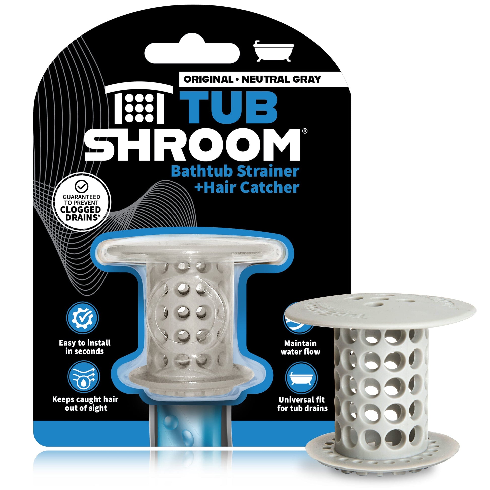 TubShroom (Gray) The Hair Catcher That Prevents Clogged Tub Drains Drain Protector Juka Innovations Corporation 