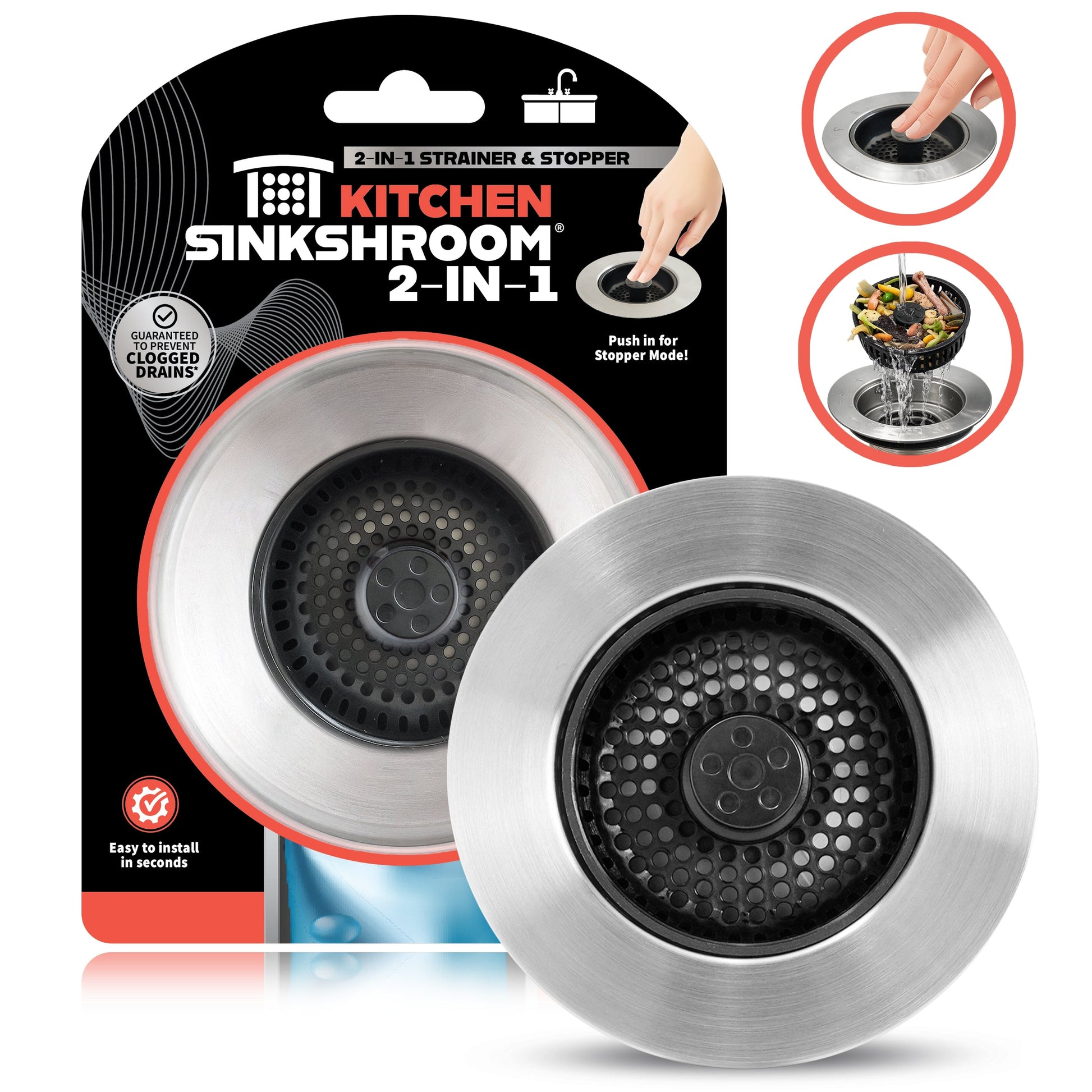 SinkShroom Kitchen Sink Drain Strainer, 2-in-1 Pop-Up Sink Stopper & Strainer with Removable Anti-Clog Basket, 304 Stainless Steel, Fits 3"-3.4" US Standard Drains, Easy Clean Food Catcher Drain Protector Juka Innovations Corporation 