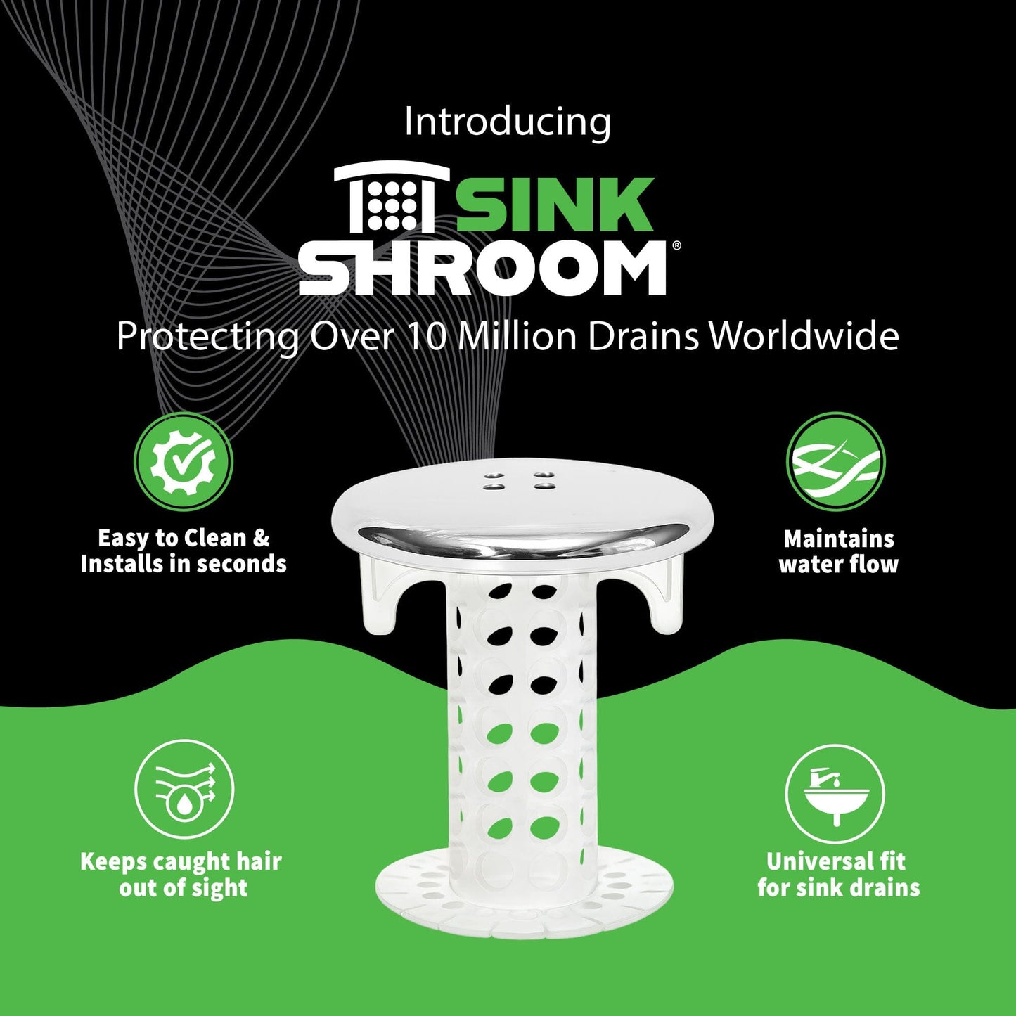 SinkShroom (Chrome Edition) The Hair Catcher That Prevents Clogged Bathroom Sink Drains Drain Protector Juka Innovations Corporation 