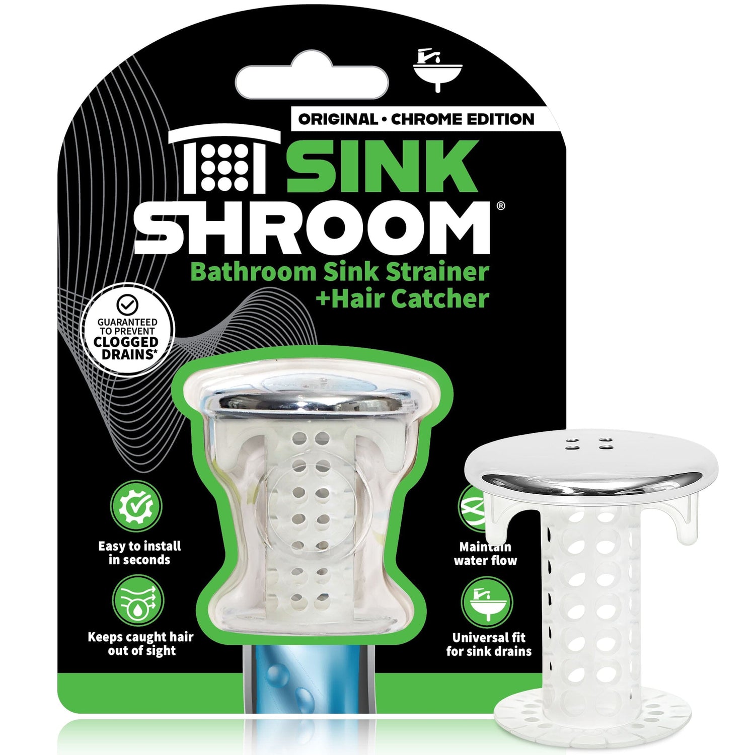 SinkShroom (Chrome Edition) The Hair Catcher That Prevents Clogged Bathroom Sink Drains Drain Protector Juka Innovations Corporation 