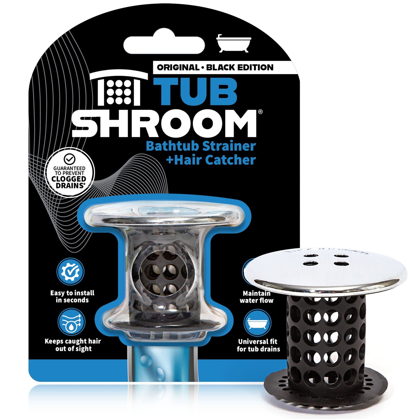 TubShroom® (Black Chrome) The Hair Catcher That Prevents Clogged Tub Drains Drain Protector Juka Innovations Corporation 