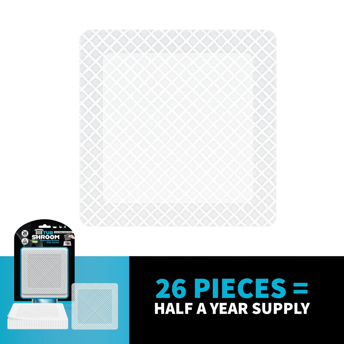 TubShroom 26 Pack Square Disposable Drain Cover - Hair Catcher Mesh Sticker Strainers for Shower Bathtub and Bathroom - Hair Catcher Sticker Drain Protector - Half Year Supply Hair Catcher TubShroom.com 