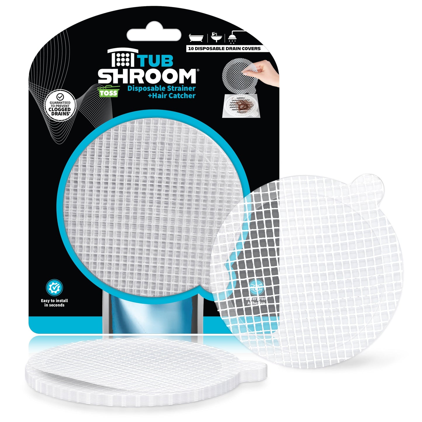 TubShroom 10 Pack Disposable Drain Cover - Hair Catcher Mesh Sticker Strainers for Shower Bathtub and Bathroom - Hair Catcher Sticker Drain Protector - 3 Month Supply Hair Catcher TubShroom.com 