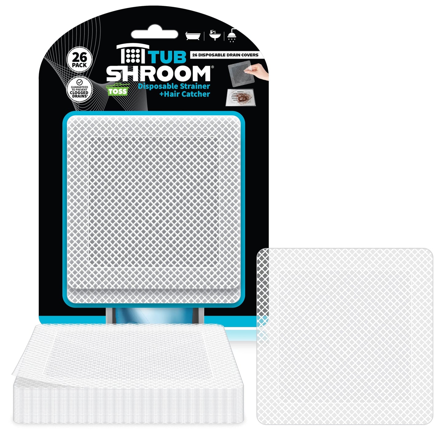 TubShroom 26 Pack Square Disposable Drain Cover - Hair Catcher Mesh Sticker Strainers for Shower Bathtub and Bathroom - Hair Catcher Sticker Drain Protector - Half Year Supply Hair Catcher TubShroom.com 
