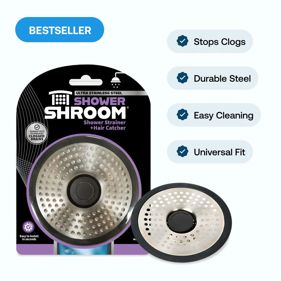 Product packaging for Shower Shroom, featuring a shower strainer and hair catcher, with details on its features.