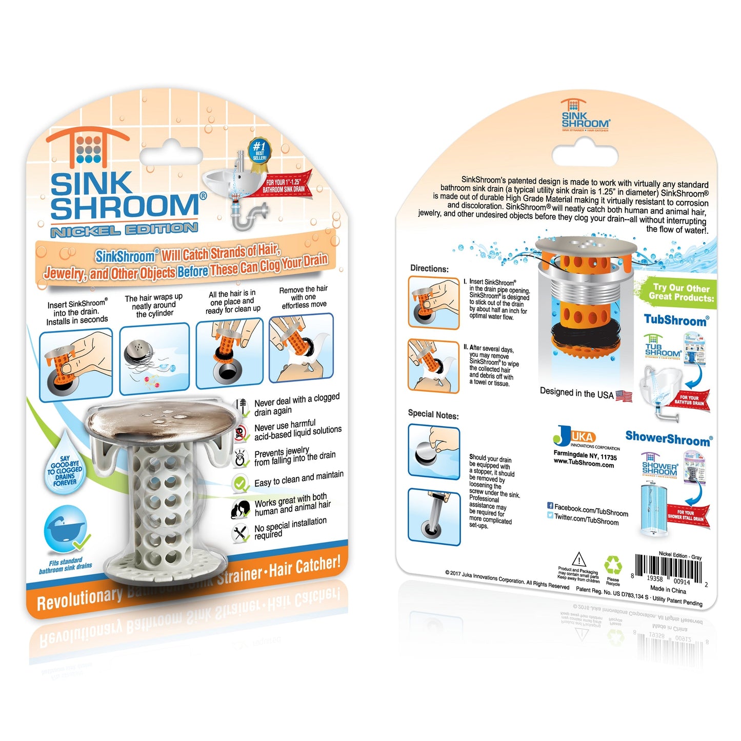 SinkShroom (Nickel Edition) The Hair Catcher That Prevents Clogged Bathroom Sink Drains Drain Protector Juka Innovations Corporation 