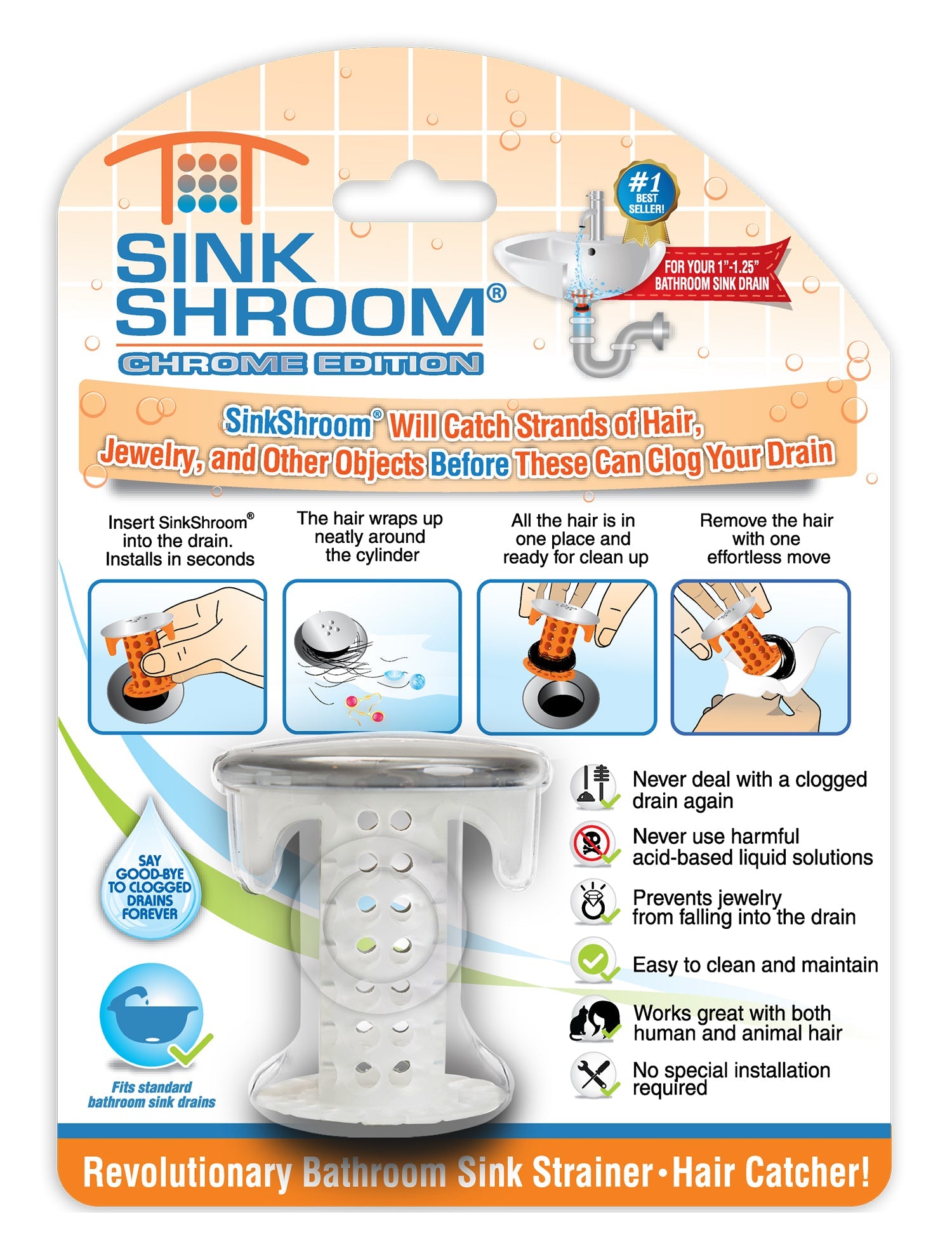 SinkShroom (Chrome Edition) The Hair Catcher That Prevents Clogged Bathroom Sink Drains Drain Protector Juka Innovations Corporation 
