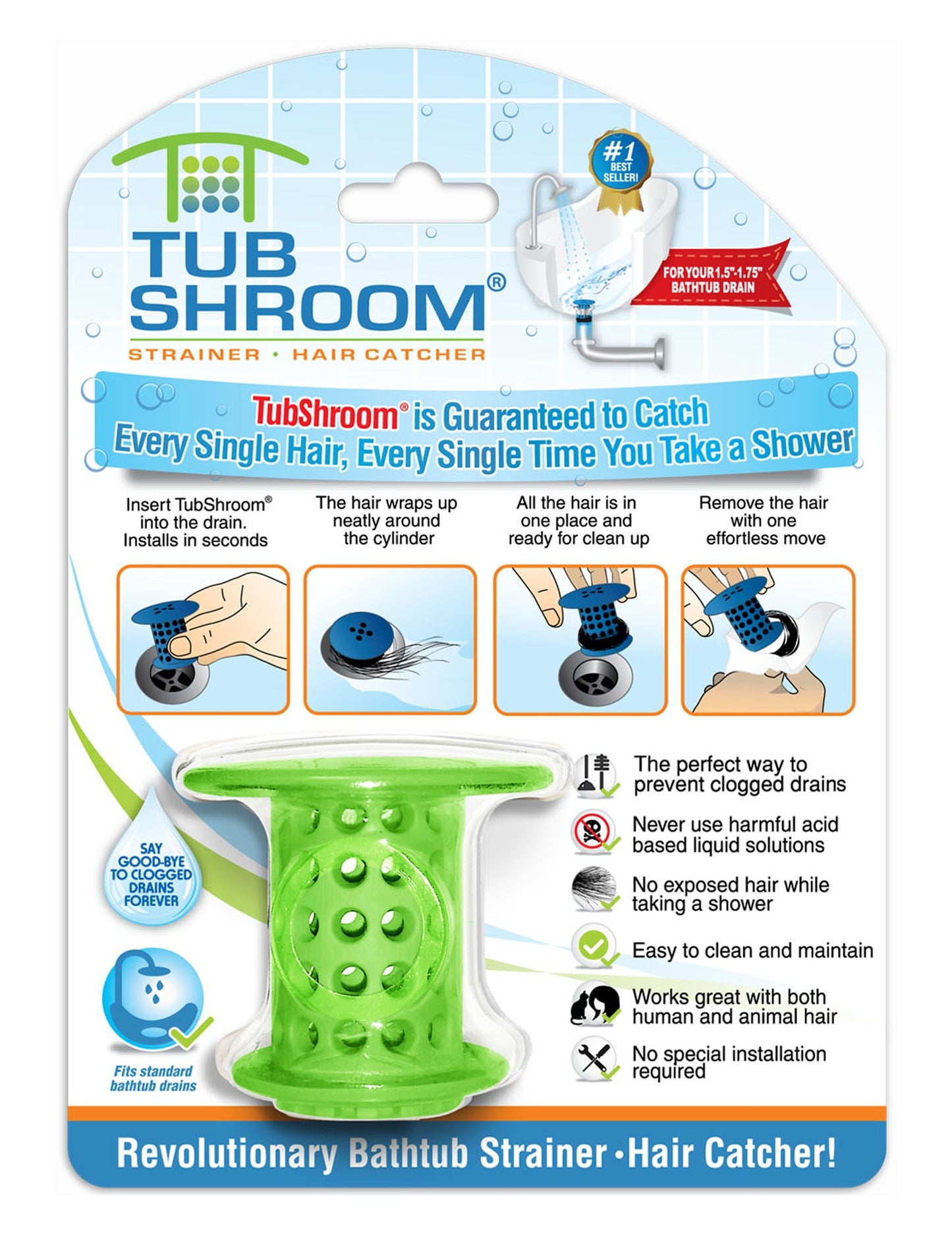 TubShroom (Green) The Hair Catcher That Prevents Clogged Tub Drains Drain Protector Juka Innovations Corporation 