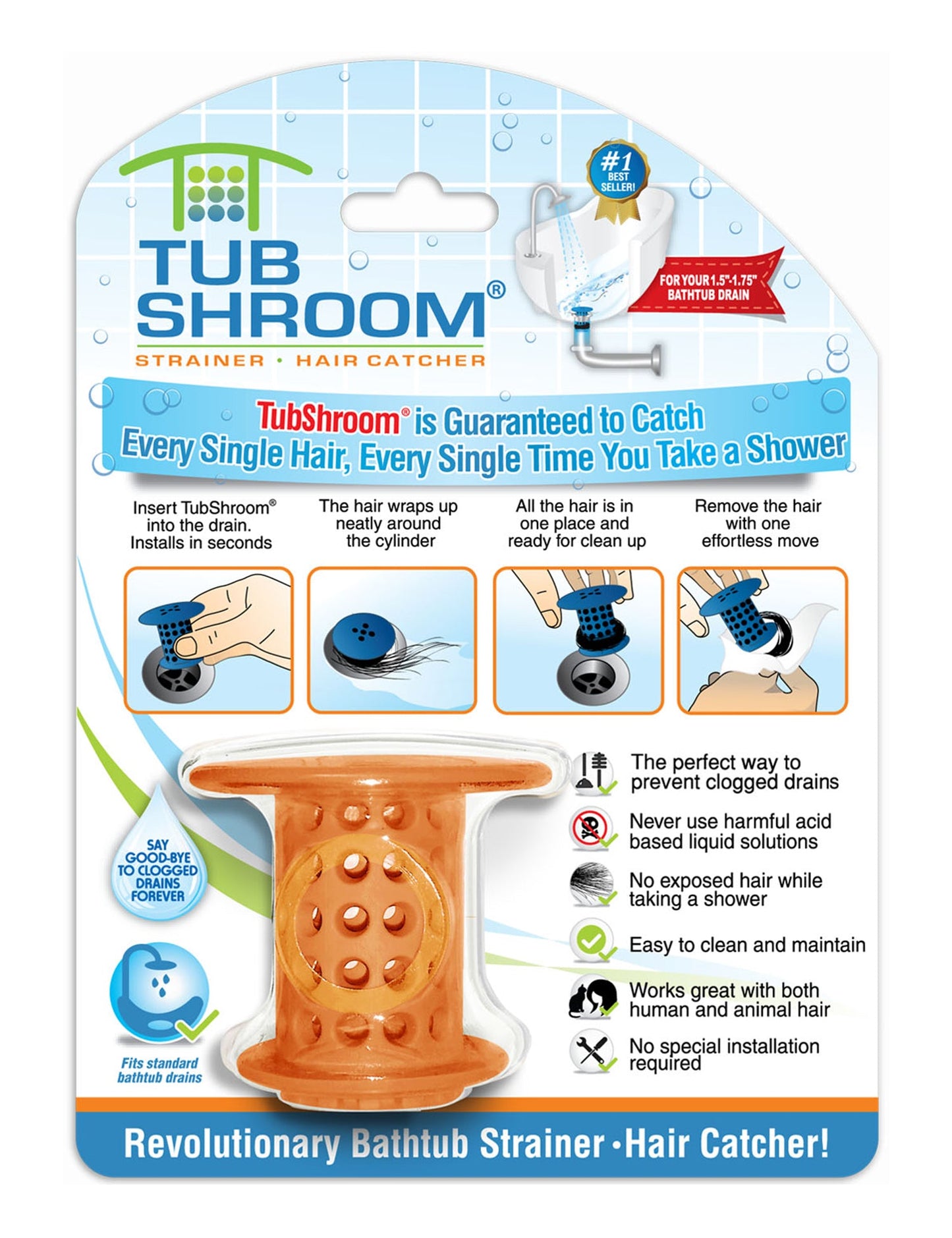 TubShroom (Orange) The Hair Catcher That Prevents Clogged Tub Drains Drain Protector Juka Innovations Corporation 