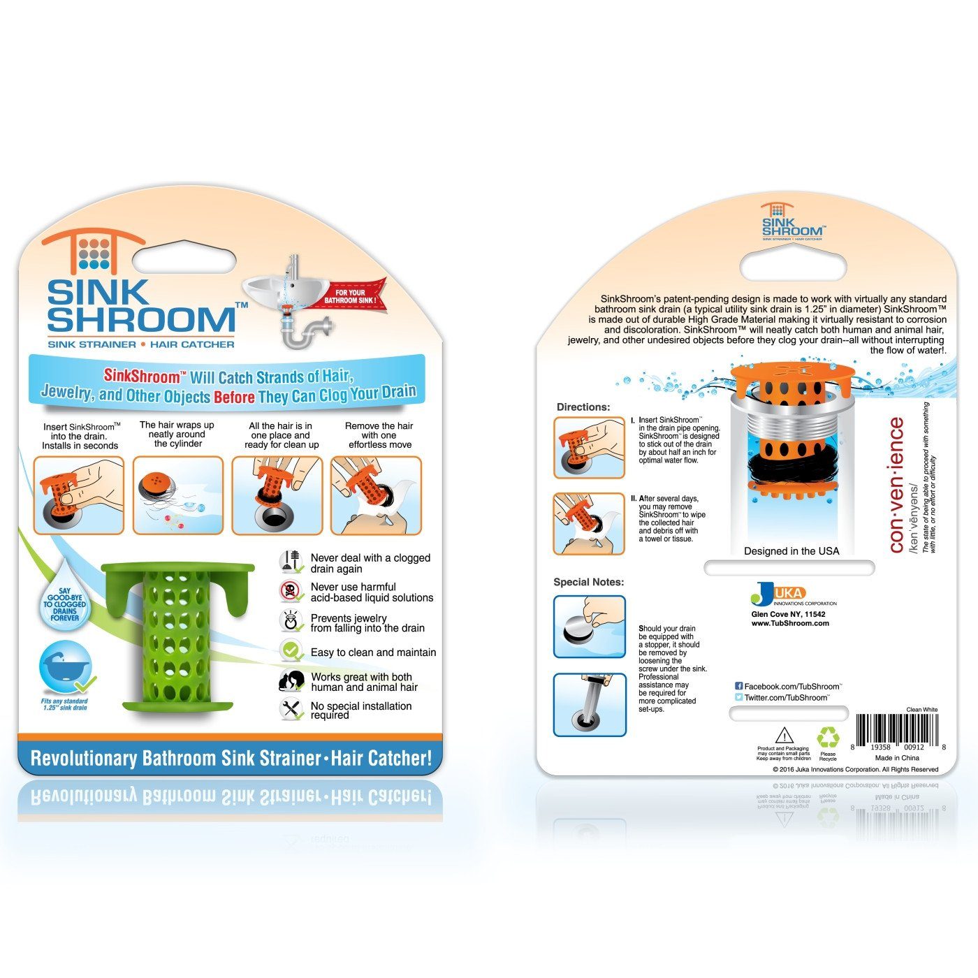 SinkShroom® (Green) The Hair Catcher That Prevents Clogged Bathroom Sink Drains Drain Protector Juka Innovations Corporation 