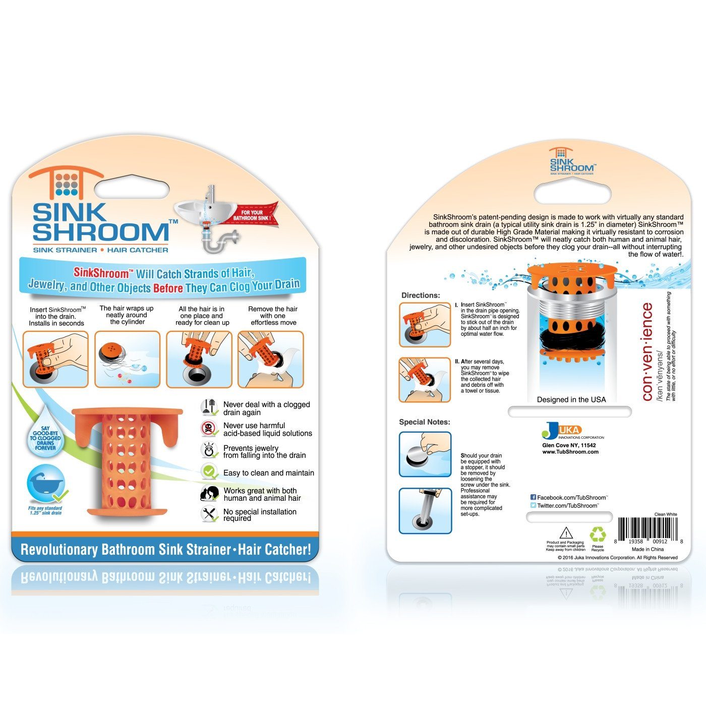 SinkShroom® (Orange) The Hair Catcher That Prevents Clogged Bathroom Sink Drains Drain Protector Juka Innovations Corporation 