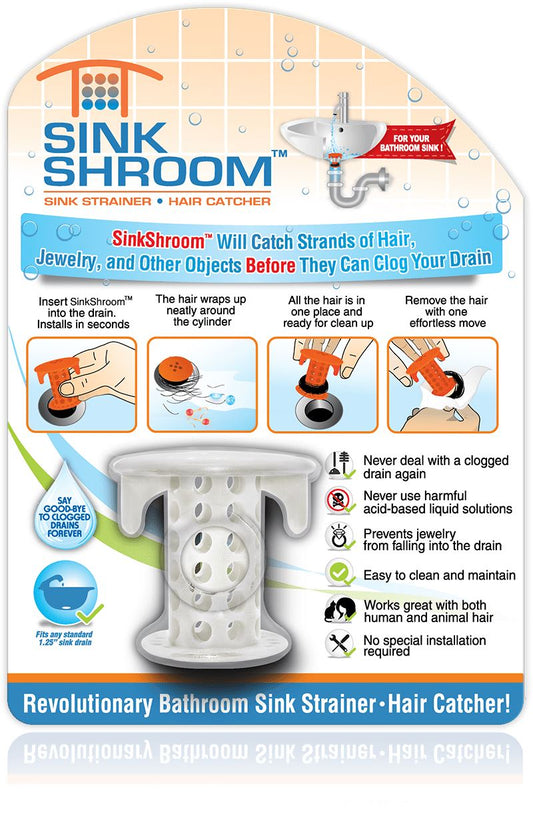 SinkShroom® (White) The Hair Catcher That Prevents Clogged Bathroom Sink Drains Drain Protector Juka Innovations Corporation 