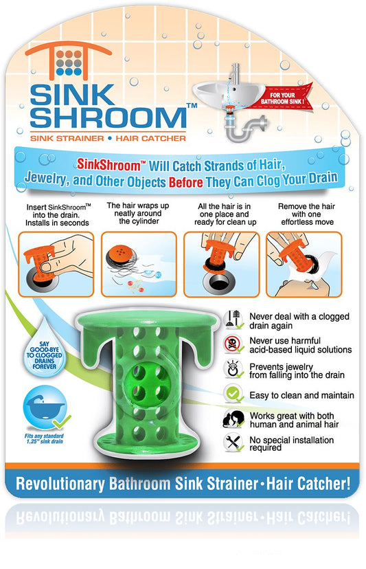 SinkShroom® (Green) The Hair Catcher That Prevents Clogged Bathroom Sink Drains Drain Protector Juka Innovations Corporation 