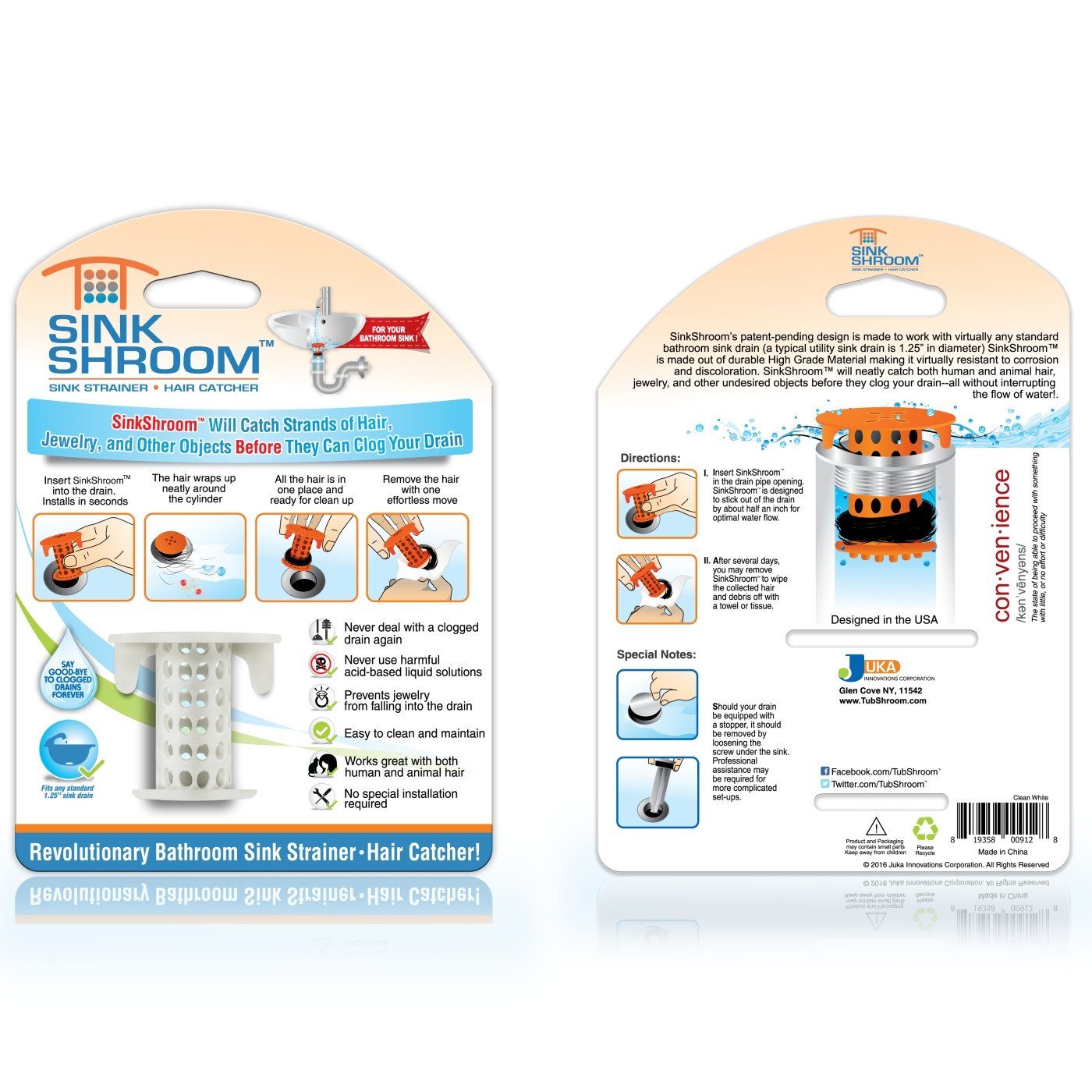 SinkShroom® (White) The Hair Catcher That Prevents Clogged Bathroom Sink Drains Drain Protector Juka Innovations Corporation 